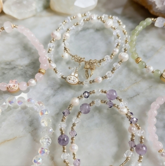 Labubu Inspired Double-Strand Pearl & Crystal Bracelet Gold & White - Picture 7 of 8